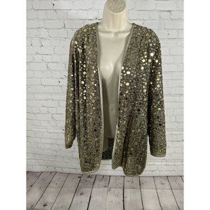 VTG Caron Components Glittery Gold 3/4 Sleeve Open Front Semi Sheer Cardigan OS